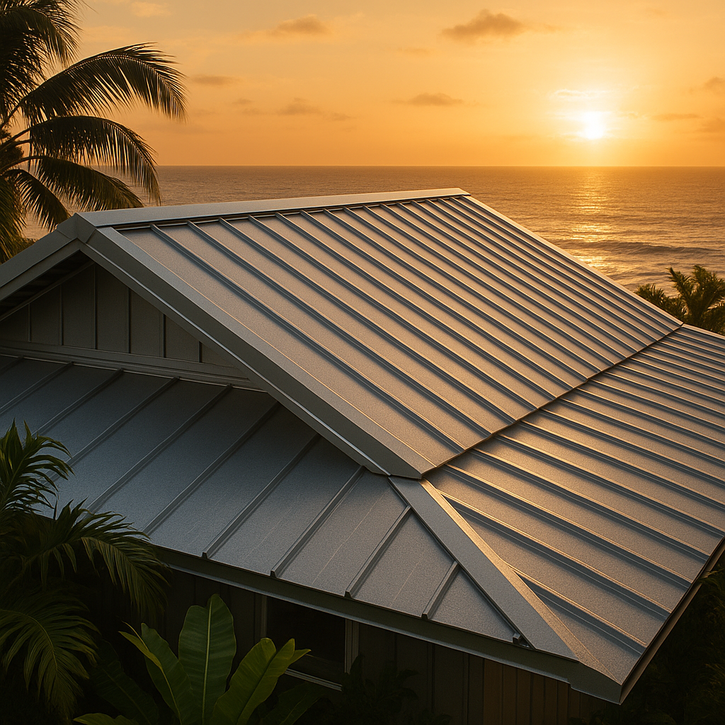 Galvalume aluminium-zinc roofing panels near a tropical coastline