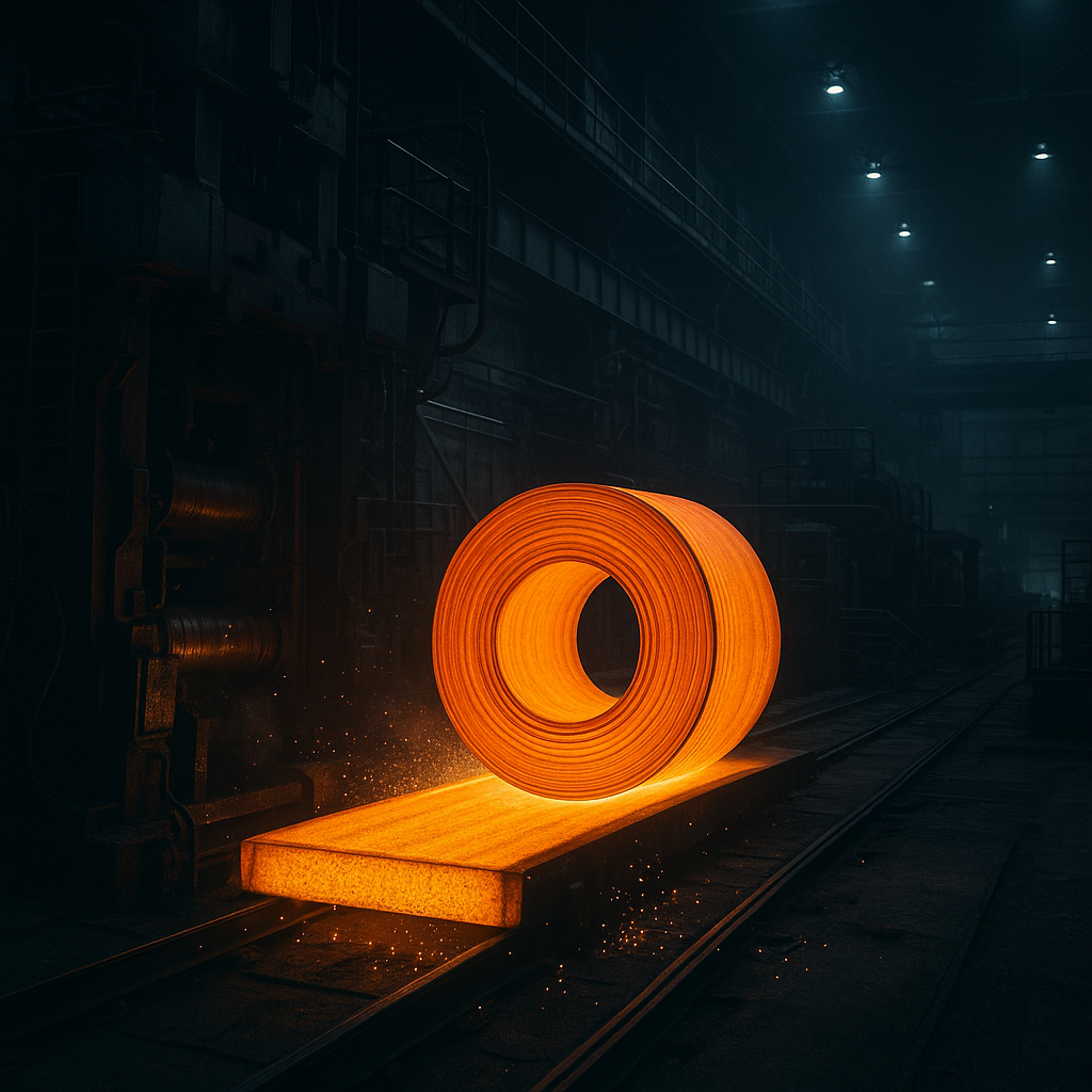 Modern hot-rolled steel coil emerging from a mill