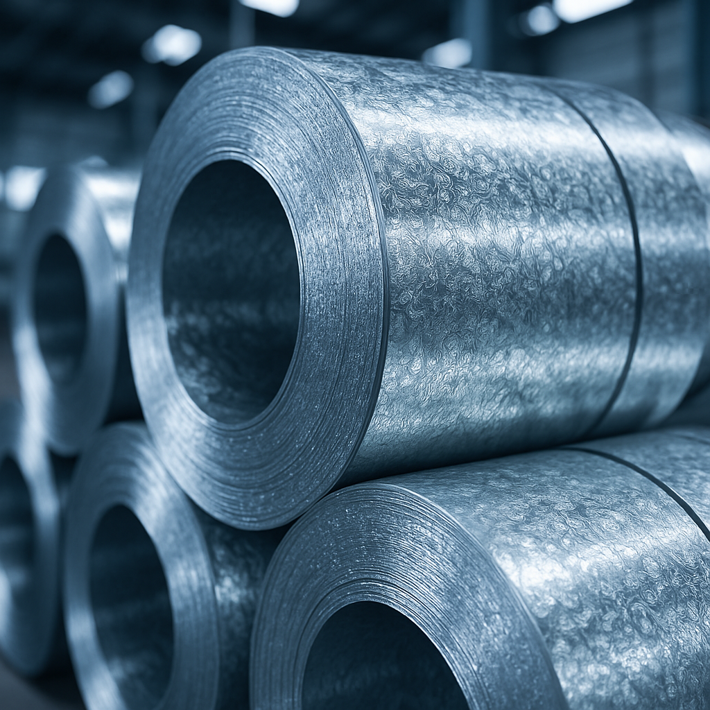 Stack of galvanised steel coils with zinc spangle pattern