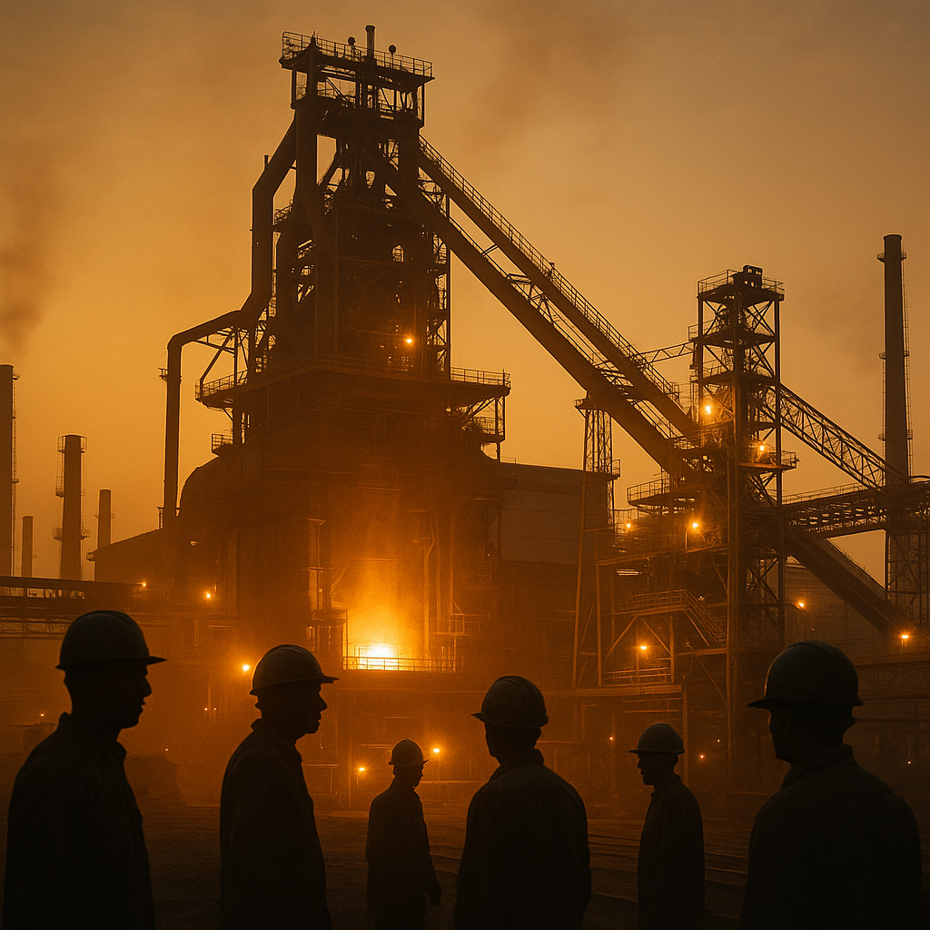 Indian steel mill blast furnace at dusk